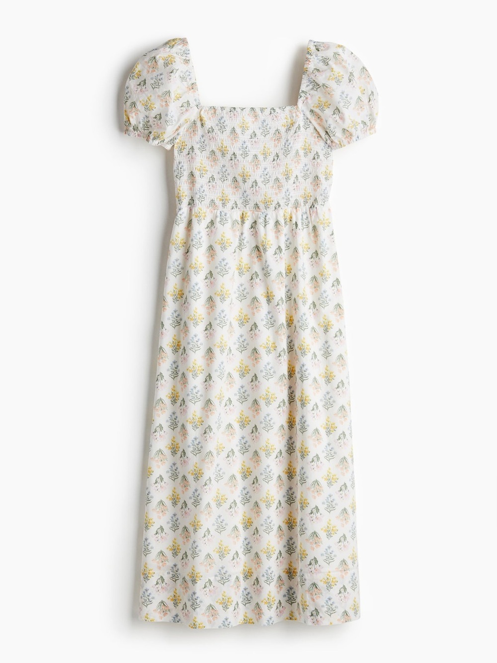 H&M White Floral Smocked Puff-Sleeve Dress